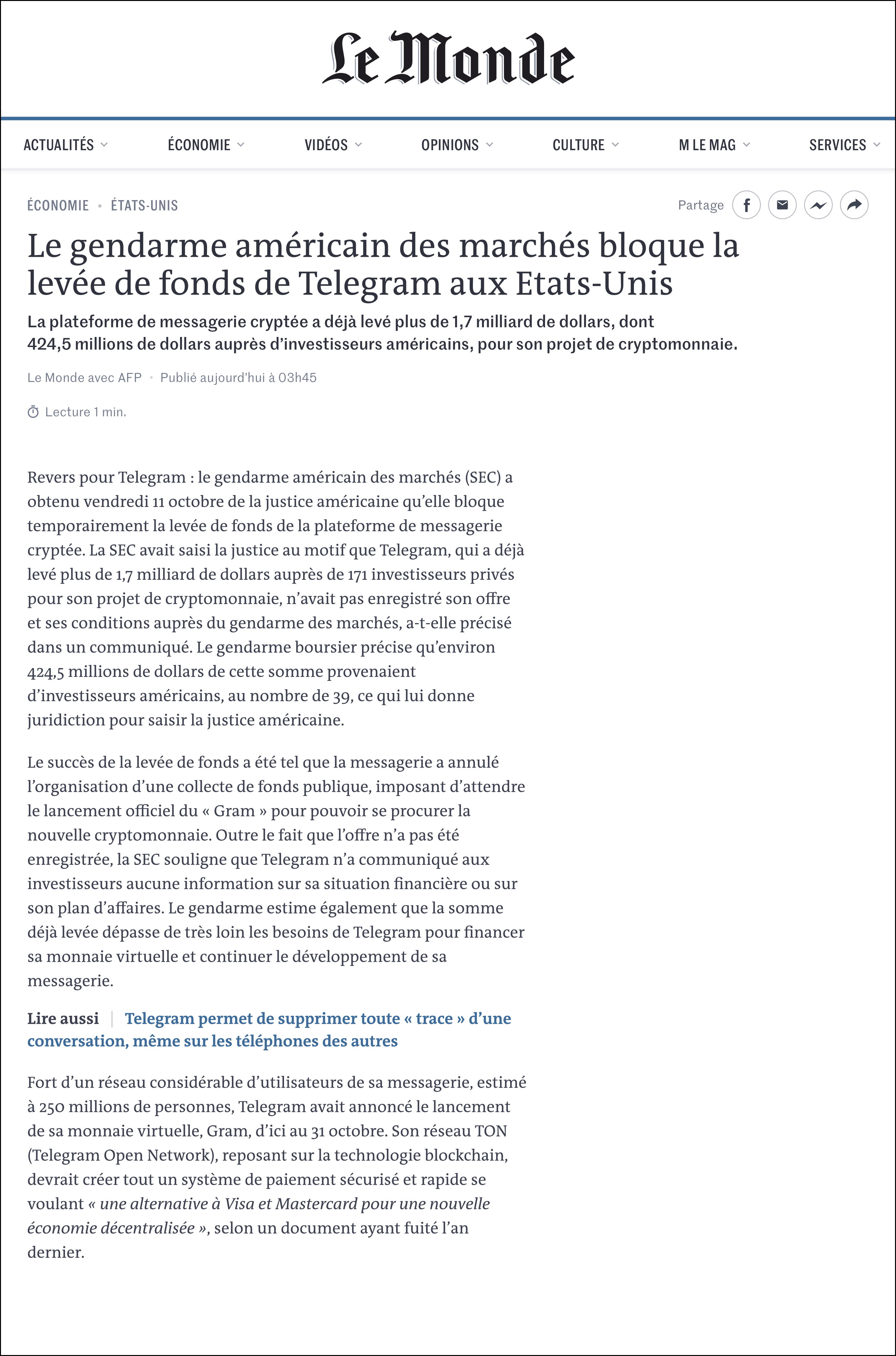 Le gendarme américain des marchés bloque la levée de fonds de Telegram aux Etats-Unis.jpg