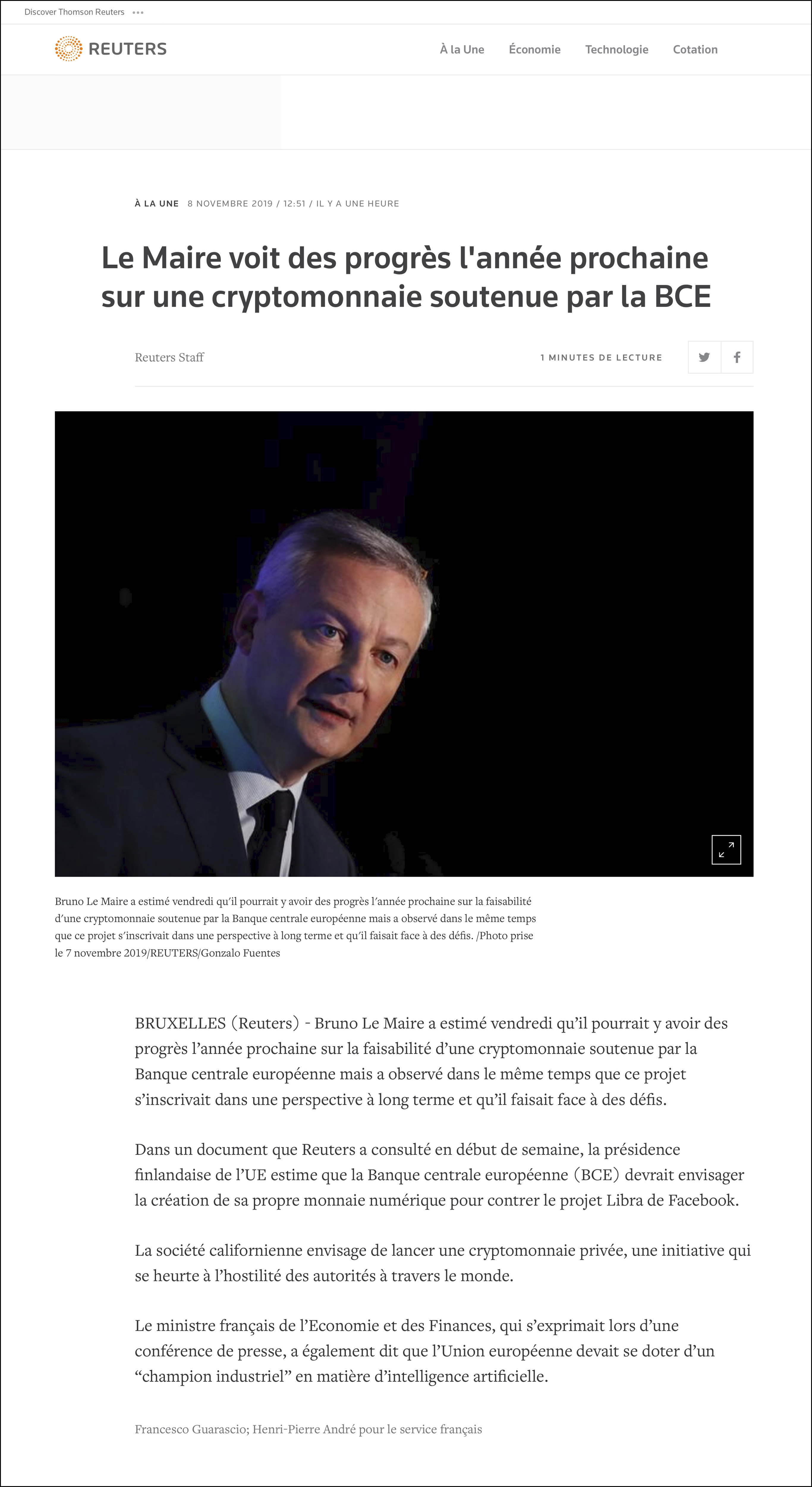 Le Maire voit des progrès l'année prochaine sur une cryptomonnaie soutenue par la BCE - Reuters.jpg